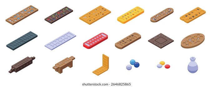  Conjunto de iconos de Mancala. Conjunto de iconos de juego de mesa Mancala que muestra varios diseños y materiales de este juego africano tradicional en vista isométrica