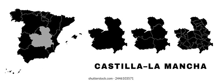 Mapa de Castilla-La Mancha, comunidad autónoma en España. División administrativa española, comarcas, comarcas y municipios.