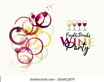 manchas de vino y marcas circulares de copas de vino.  Abstract illustration of grape cluster with different colored stains of pink, white and red wine. Wine glass icons. Vector