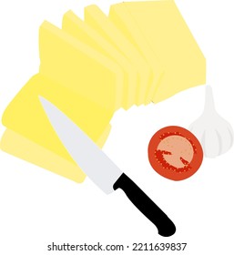 Manchego cheese sliced ​​with a knife, tomato and garlic.