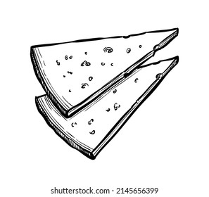 Manchego cheese slices. Ink sketch isolated on white background. Hand drawn vector illustration. Vintage style stroke drawing.
