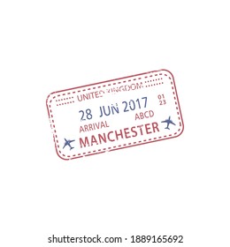 Manchester arrival stamp isolated. Vector travel by plane visa or immigration sign in passport