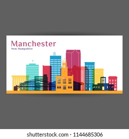 Manchester city architecture silhouette. Colorful skyline. City flat design. Vector business card. 