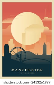 Manchester city brutalism poster with abstract skyline, cityscape retro vector illustration. England UK cool travel front cover, brochure, flyer, leaflet, presentation template image