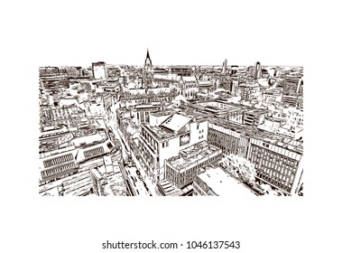 Manchester City in England, UK. Hand drawn sketch illustration in vector.