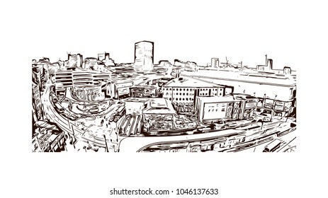 Manchester City in England, UK. Hand drawn sketch illustration in vector.