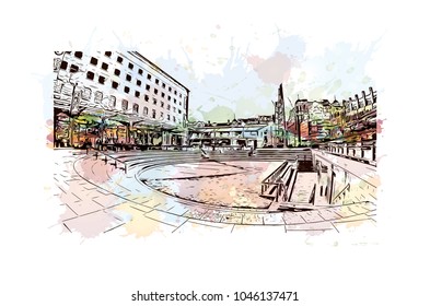 Manchester City in England, UK. Watercolor splash with Hand drawn sketch illustration in vector.