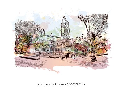 Manchester City in England, UK. Watercolor splash with Hand drawn sketch illustration in vector.