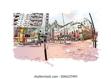 Manchester City in England, UK. Watercolor splash with Hand drawn sketch illustration in vector.