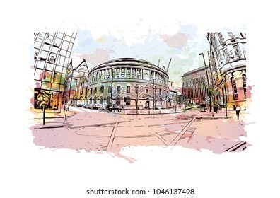 Manchester City in England, UK. Watercolor splash with Hand drawn sketch illustration in vector.