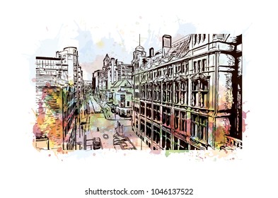 Manchester City in England, UK. Watercolor splash with Hand drawn sketch illustration in vector.