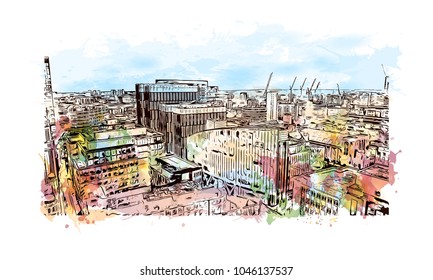 Manchester City in England, UK. Watercolor splash with Hand drawn sketch illustration in vector.