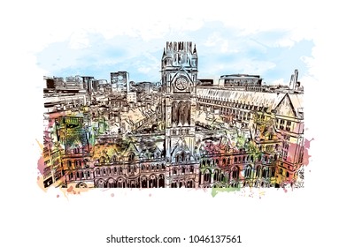 Manchester City in England, UK. Watercolor splash with Hand drawn sketch illustration in vector.