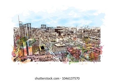 Manchester City in England, UK. Watercolor splash with Hand drawn sketch illustration in vector.