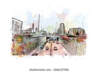 Manchester City in England, UK. Watercolor splash with Hand drawn sketch illustration in vector.