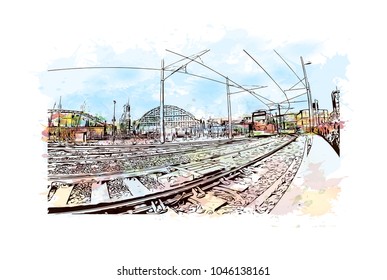 Manchester City in England, UK. Watercolor splash with Hand drawn sketch illustration in vector.