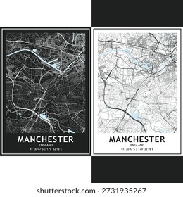 Conjunto de vetores do mapa da cidade de Manchester, pacote de roteiro urbano minimalista escuro e claro com grade de rua escalável, rodovias e layout de planejamento 