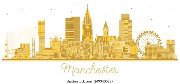 Manchester city skyline silhouette with golden Buildings Isolated on White. Vector Illustration. Business Travel and Tourism Concept with Modern Architecture. Manchester Cityscape with Landmarks.