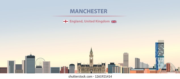 Manchester city skyline vector illustration on colorful gradient beautiful day sky background with flags of England and United Kingdom