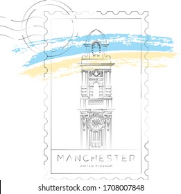 Diseño de la tipografía e ilustración vectorial de la torre de reloj de Manchester, Manchester (Reino Unido)