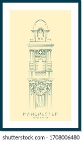 Ilustración vectorial de la torre de reloj de Manchester y diseño tipográfico, Manchester (Reino Unido)