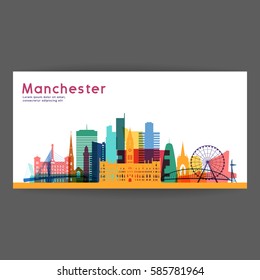 Manchester colorful architecture vector illustration, skyline city silhouette, skyscraper, flat design.