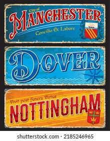 Manchester, Dover, Nottingham, UK travel stickers and luggage tags, vector country and city bag labels. England vacations and Britain journey trip retro tin signs and travel plates with landmarks