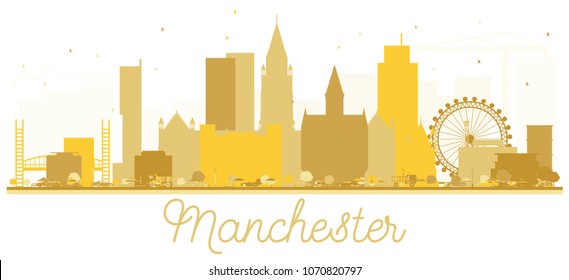 Manchester England City Skyline Golden Silhouette. Vector Illustration. Simple Flat Concept for Tourism Presentation, Banner, Placard or Web Site. Manchester Cityscape with Landmarks.