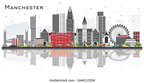 Manchester England City Skyline with Gray Buildings and Reflections Isolated on White. Vector Illustration. Business Travel and Tourism Concept with Modern Architecture. Manchester Cityscape.