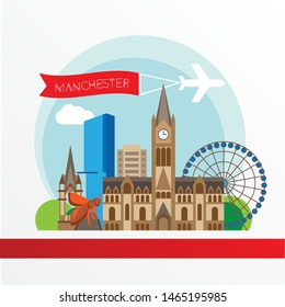 Manchester England, detailed silhouette. Trendy vector illustration, flat style. Stylish colorful landmarks. The concept for a web banner. Business icon