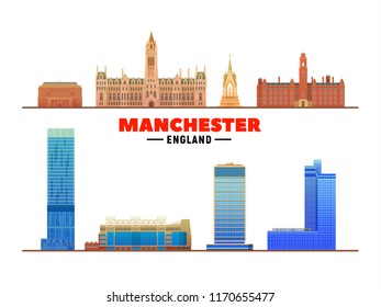 Manchester England main landmarks in white background. Vector Illustration. Business travel and tourism concept with modern buildings. Image for banner or web site.