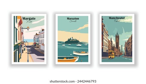 Manchester, England. Marazion, Cornwall. Margate, Kent - Set of 3 Vintage Travel Posters. Vector illustration. High Quality Prints