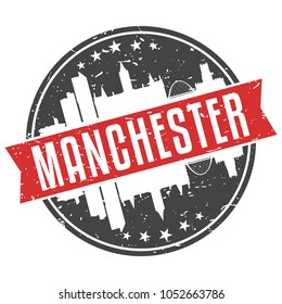 Manchester England Round Travel Stamp Icon Skyline City Design. Seal Badge Illustration.