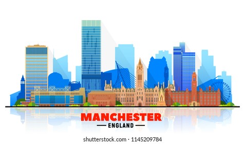 Manchester England skyline with panorama in white background. Vector Illustration. Business travel and tourism concept with modern buildings. Image for banner or web site.