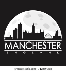 Manchester Full Moon Night Skyline Silhouette Design City Vector Art