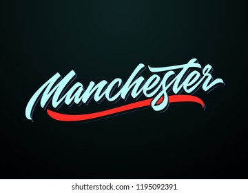 Manchester hand made calligraphic lettering in original style. European city typographic script font for prints, advertising, identity. Hand drawn touristic art in high quality. Travel and adventure