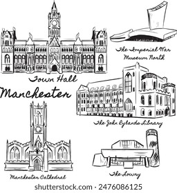 Manchester landmarks ink illustrations. Famous tourist attractions isolated vector drawings.England historical and modern spots Town Hall, Cathedral , The Lowry, John Rylands library sketches. 