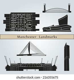 Manchester landmarks and monuments isolated on blue background in editable vector file