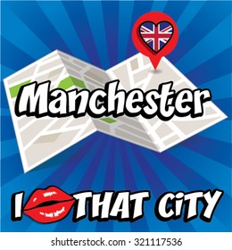 Manchester. I Love That City. Vector Illustration with country flag.