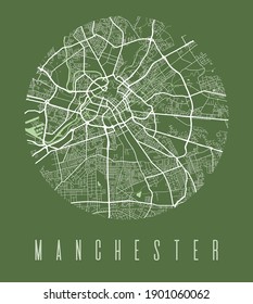 Manchester map poster. Decorative design street map of Manchester city. Cityscape aria panorama silhouette aerial view, typography style. Land, river, highways. Round circular vector illustration.