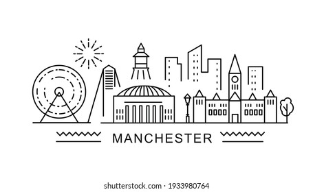 Manchester minimal style City Outline Skyline with Typographic. Vector cityscape with famous landmarks. Illustration for prints on bags, posters, cards. 