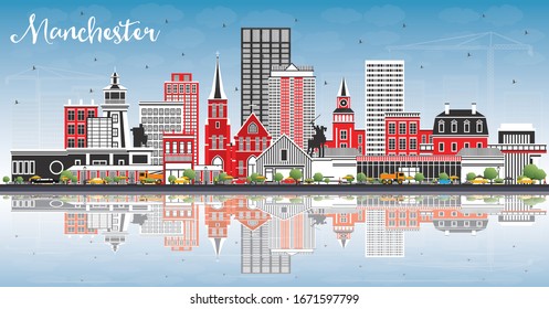 Manchester New Hampshire City Skyline with Gray Buildings, Blue Sky and Reflections. Vector Illustration. Business Travel and Tourism Concept with Historic and Modern Architecture. Manchester USA.