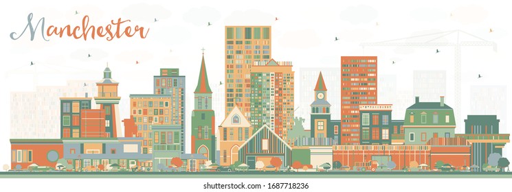 Manchester New Hampshire City Skyline with Color Buildings. Vector Illustration. Business Travel and Tourism Concept with Historic and Modern Architecture. Manchester USA Cityscape.