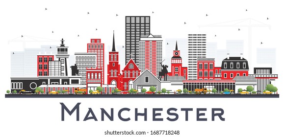 Manchester New Hampshire City Skyline with Gray Buildings Isolated on White. Vector Illustration. Business Travel and Tourism Concept with Historic and Modern Architecture. Manchester USA Cityscape.