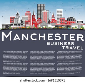 Manchester New Hampshire City Skyline with Gray Buildings, Blue Sky and Copy Space. Vector Illustration. Business Travel and Tourism Concept with Historic and Modern Architecture. Manchester USA.