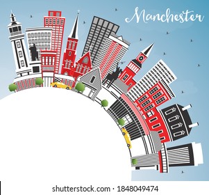 Manchester New Hampshire City Skyline with Gray Buildings, Blue Sky and Copy Space. Vector Illustration. Travel and Tourism Concept with Historic and Modern Architecture. Manchester USA Cityscape.