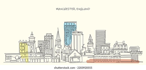 Línea aérea de la ciudad de Manchester New Hampshire con ilustraciones de vectores de edificios. Concepto de viajes de negocios y turismo con arquitectura histórica y moderna. Manchester USA Cityscape Line Art