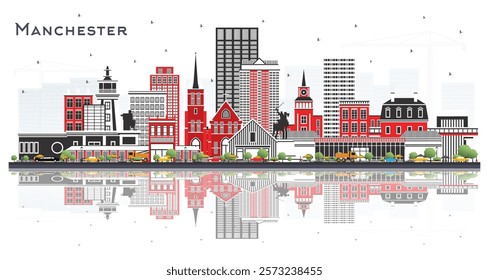 Manchester New Hampshire City Skyline with Gray Buildings and reflections Isolated on White. Vector Illustration. Tourism Concept with Historic and Modern Architecture. Manchester USA Cityscape.