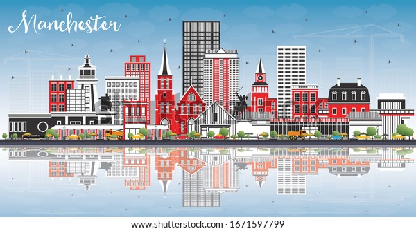 Manchester New Hampshire City Skyline with Gray Buildings, Blue Sky and Reflections. Vector Illustration. Business Travel and Tourism Concept with Historic and Modern Architecture. Wallpaper Mural. 