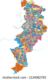 Manchester, North West England, England colorful high resolution vector art map with city boundaries. White outlines for main roads. Many details. Blue shapes for water. 